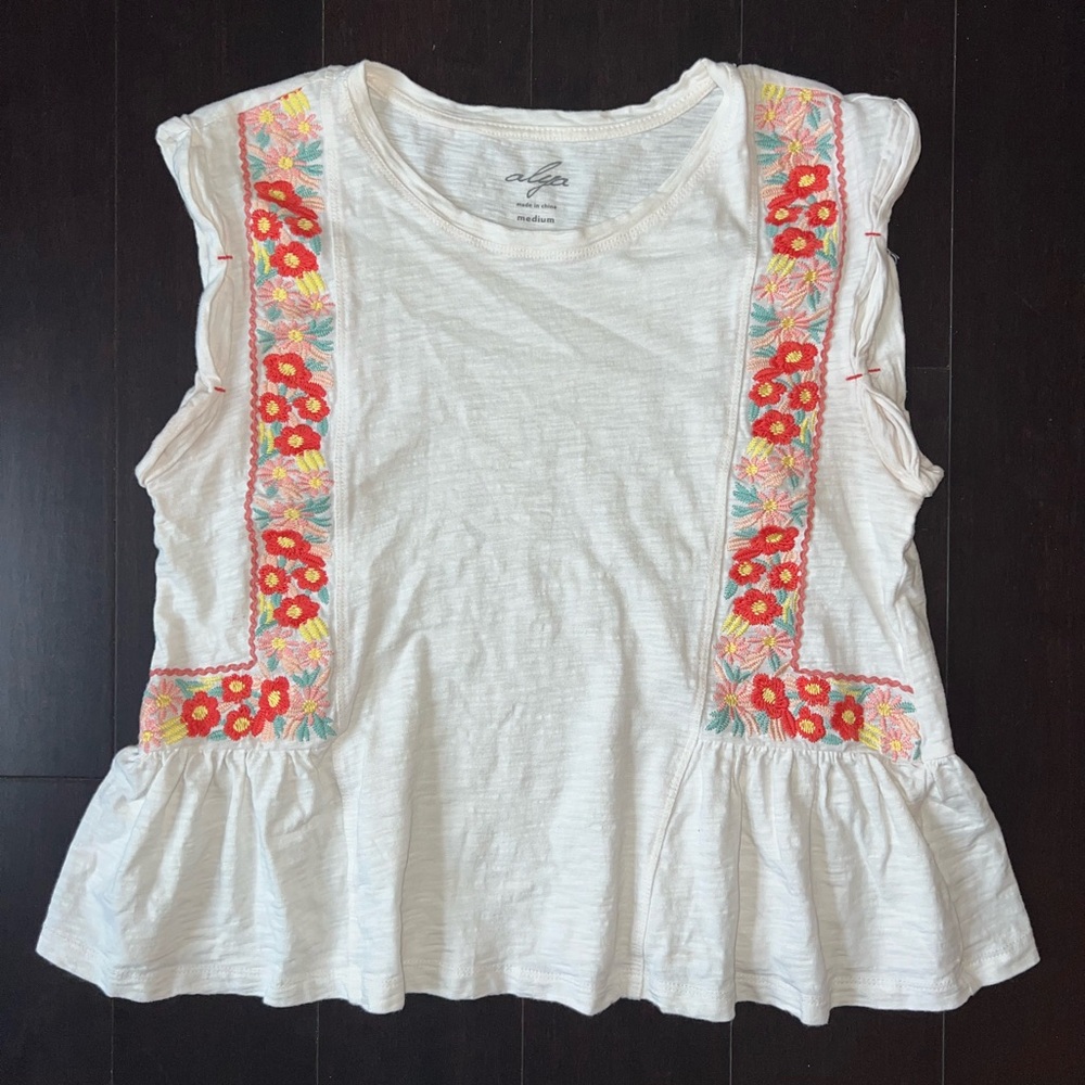 Francescas Boho Embroidered Peplum Top White Sleeveless Floral Medium - Picture 8 of 10